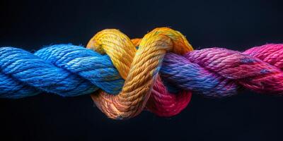 A closeup image of a brightly colored knotted rope symbolizing unity and strength against a dark background photo