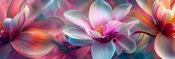 The floral background is vibrant and multicolored, with surreal petals in vivid hues, creating a beautiful design photo