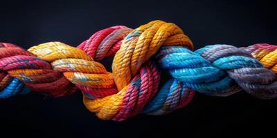 A closeup image of a brightly colored knotted rope symbolizing unity and strength against a dark background photo
