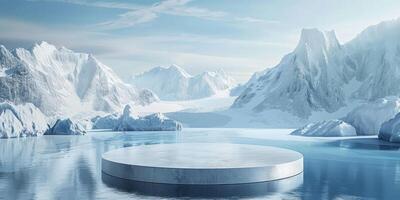 3D podium display on water. Ocean view with ice mountain background. Cosmetic beauty product promotion Nature mock up banner 3D render. High quality photo