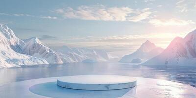 3D podium display on water. Ocean view with ice mountain background. Cosmetic beauty product promotion Nature mock up banner 3D render. High quality photo
