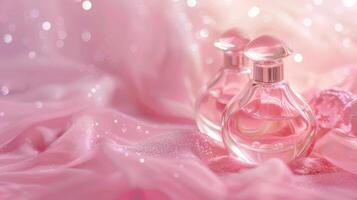 Elegant perfume bottles on pink silk fabric, creating a luxurious and romantic ambiance with sparkling lights. photo