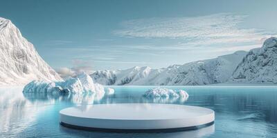 3D podium display on water. Ocean view with ice mountain background. Cosmetic beauty product promotion Nature mock up banner 3D render. High quality photo