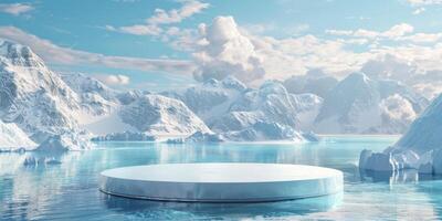 3D podium display on water. Ocean view with ice mountain background. Cosmetic beauty product promotion Nature mock up banner 3D render. High quality photo