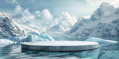 3D podium display on water. Ocean view with ice mountain background. Cosmetic beauty product promotion Nature mock up banner 3D render. High quality photo