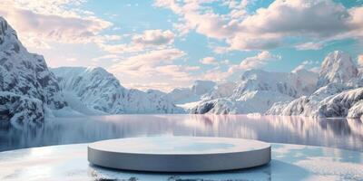 3D podium display on water. Ocean view with ice mountain background. Cosmetic beauty product promotion Nature mock up banner 3D render. High quality photo