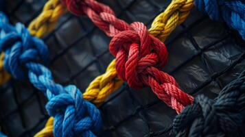 Vibrant close-up of intertwined red, blue, yellow ropes in a net structure, showing texture and detail. photo