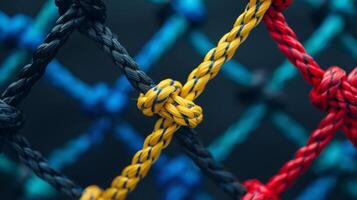 Macro view of colorful intertwined ropes, highlighting the complexity and strength of networked connections. photo