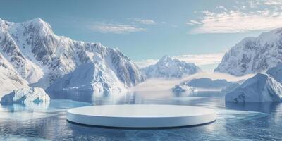 3D podium display on water. Ocean view with ice mountain background. Cosmetic beauty product promotion Nature mock up banner 3D render. High quality photo