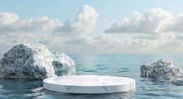 Minimalistic Blue Background with a White Marble Podium on Water surrounded by Rocks for Product and Cosmetic Branding. Packaging Display during Sunset. Realistic 3D Rendering Illustration photo
