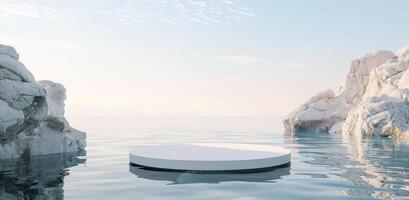 Minimalistic Blue Background with a White Marble Podium on Water surrounded by Rocks for Product and Cosmetic Branding. Packaging Display during Sunset. Realistic 3D Rendering Illustration photo