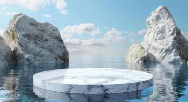 Minimalistic Blue Background with a White Marble Podium on Water surrounded by Rocks for Product and Cosmetic Branding. Packaging Display during Sunset. Realistic 3D Rendering Illustration photo