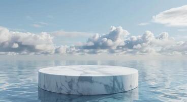 Minimalistic Blue Background with a White Marble Podium on Water surrounded by Rocks for Product and Cosmetic Branding. Packaging Display during Sunset. Realistic 3D Rendering Illustration photo