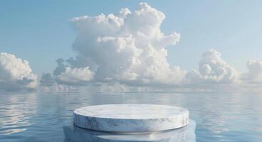 Minimalistic Blue Background with a White Marble Podium on Water surrounded by Rocks for Product and Cosmetic Branding. Packaging Display during Sunset. Realistic 3D Rendering Illustration photo