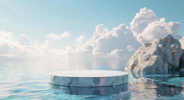 Minimalistic Blue Background with a White Marble Podium on Water surrounded by Rocks for Product and Cosmetic Branding. Packaging Display during Sunset. Realistic 3D Rendering Illustration photo