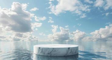 Minimalistic Blue Background with a White Marble Podium on Water surrounded by Rocks for Product and Cosmetic Branding. Packaging Display during Sunset. Realistic 3D Rendering Illustration photo