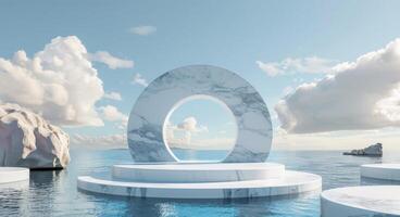Minimalistic Blue Background with a White Marble Podium on Water surrounded by Rocks for Product and Cosmetic Branding. Packaging Display during Sunset. Realistic 3D Rendering Illustration photo
