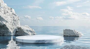 Minimalistic Blue Background with a White Marble Podium on Water surrounded by Rocks for Product and Cosmetic Branding. Packaging Display during Sunset. Realistic 3D Rendering Illustration photo