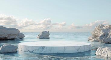 Minimalistic Blue Background with a White Marble Podium on Water surrounded by Rocks for Product and Cosmetic Branding. Packaging Display during Sunset. Realistic 3D Rendering Illustration photo