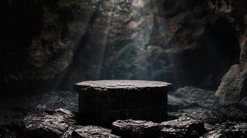stone display, rock, dramatic and epic atmosphere, cosmetics and beauty for men, virility. High quality photo