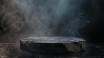 A mystical stone podium in dramatic light against a dark, smoky background, creating a mysterious scene photo