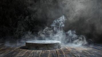 A mystical stone podium in dramatic light against a dark, smoky background, creating a mysterious scene photo
