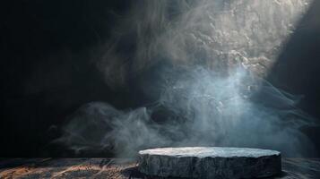 A mystical stone podium in dramatic light against a dark, smoky background, creating a mysterious scene photo