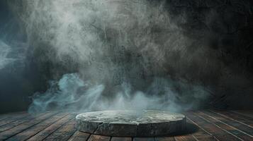 A mysterious foggy scene with a stone platform and wooden floor, creating an eerie and mystical atmosphere. photo