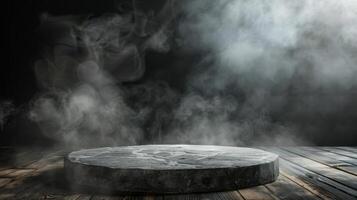 A mystical stone podium in dramatic light against a dark, smoky background, creating a mysterious scene photo