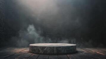 A mystical stone podium in dramatic light against a dark, smoky background, creating a mysterious scene photo