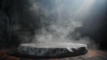 A mystical stone podium in dramatic light against a dark, smoky background, creating a mysterious scene photo
