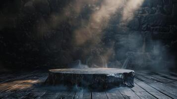 A mystical stone podium in dramatic light against a dark, smoky background, creating a mysterious scene photo