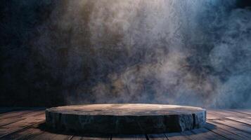 A mystical stone podium in dramatic light against a dark, smoky background, creating a mysterious scene photo