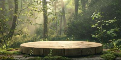 Wood tabletop podium floor in outdoors tropical garden forest blurred green leaf plant nature background.Natural product placement pedestal stand display,jungle paradise concept. High quality photo