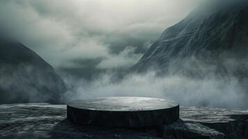 Surreal stone table top podium outdoors misty mountain black light nature background. cosmetic product placement pedestal present minimal display, paradise dreamy concept. High quality photo