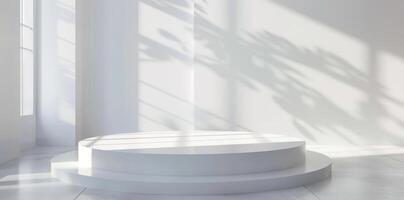 Sunlit white room with minimalist design, an empty podium casts shadow patterns for an artistic and tranquil ambiance photo