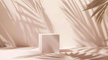 In a tranquil setting, a beige cube creates soft palm leaf shadows, suggesting an artistic and abstract vibe photo