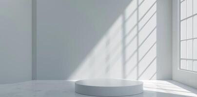 Sunlit white room with minimalist design, an empty podium casts shadow patterns for an artistic and tranquil ambiance photo