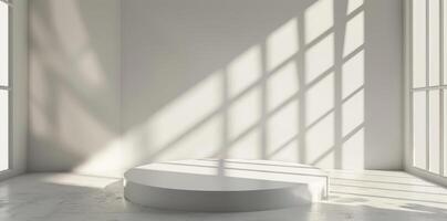 Sunlight casting geometric shadows in a minimalist room with a round podium, perfect for modern setups. photo