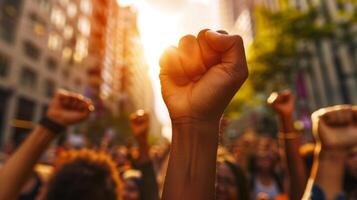Silhouettes of people with raised fists symbolize unity, resilience, hope, and empowerment in activism photo
