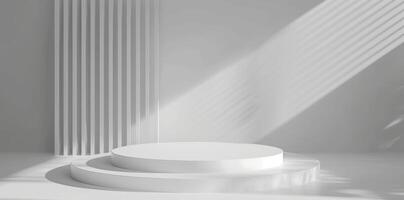 Sunlit white room with minimalist design, an empty podium casts shadow patterns for an artistic and tranquil ambiance photo