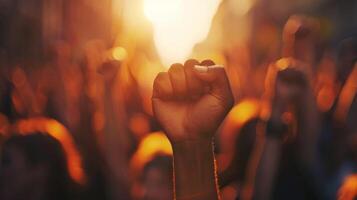 Silhouettes of people with raised fists symbolize unity, resilience, hope, and empowerment in activism photo
