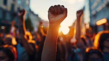 During a sunset rally, activists show their unity by raising fists in a powerful display of activism and determination photo