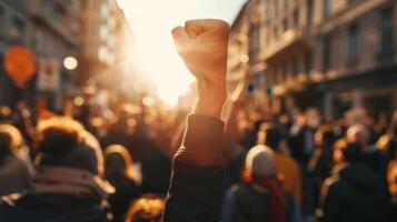 Silhouettes of people with raised fists symbolize unity, resilience, hope, and empowerment in activism photo