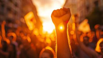 Inspiring image of a crowd with a raised fist against a dramatic sunset backdrop, symbolizing solidarity. photo