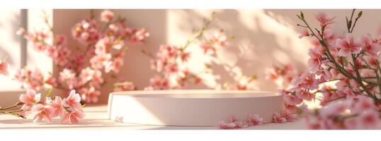 Soft pink flowers in sunlight, casting shadows, creating a peaceful indoor scene with a serene atmosphere photo