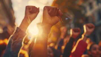 Silhouettes of people with raised fists symbolize unity, resilience, hope, and empowerment in activism photo
