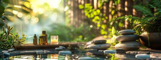 Serene spa scene with stones, oils, nature elements in tranquil setting for relaxation and rejuvenation photo