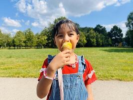 A five years old Asian child eats ice cream in the summer when it's hot outside. Mango Ice cream in a waffle cone. A happy and contented child in the park photo