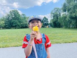 A five years old Asian child eats ice cream in the summer when it's hot outside. Mango Ice cream in a waffle cone. A happy and contented child in the park photo